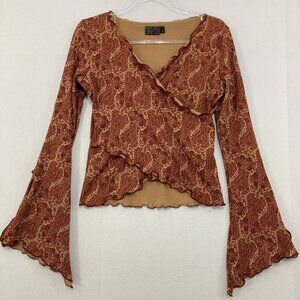 M Heart M size Medium Boho Criss Cross Flare Sleeve Stretch Top Y2K Festival